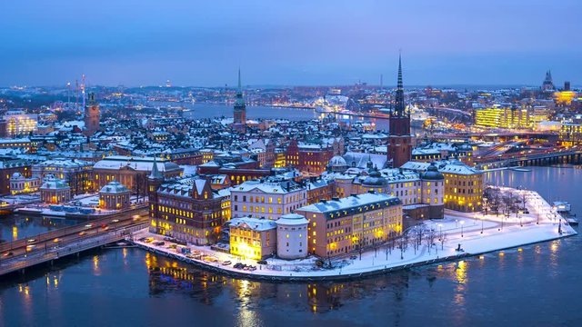 Time lapse of island Riddarholmen in central Stockholm on a wintry evening.