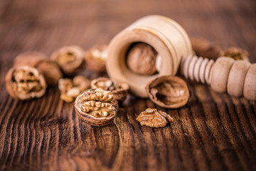 walnut kernel shell on wood table 