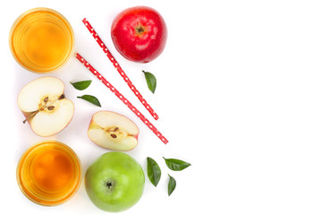 apple with juice and leaves isolated on white background with copy space for your text. top view. Flat lay pattern