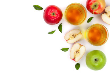 apple with juice and leaves isolated on white background with copy space for your text. top view. Flat lay pattern