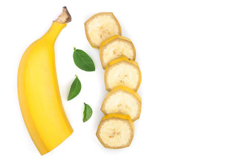 banana sliced with green leaves isolated on white background with copy space for your text. Top view. Flat lay