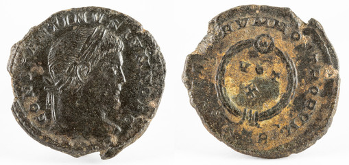 Ancient Roman copper coin of Emperor Constantine II.