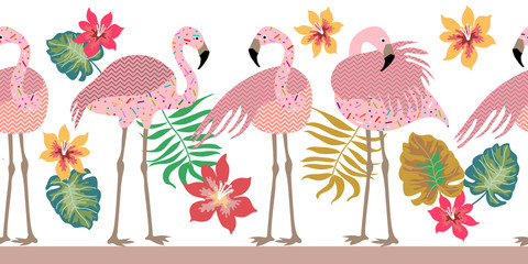 Fototapety  Bezszwowe wektor granicy flamingi rdzeń, kwiaty i liście palmowe.