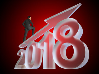 Conceptual 2018 glass or ice year made of white frost font on red gradient background. Abstract Christmas holiday 3D illustration businessman on arrow, metaphor to wealth, business growth prosperity