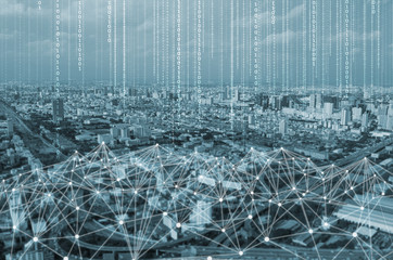 abstract light beam and digital signal over modern city background