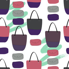 Colorful seamless pattern with different style bags and purses.