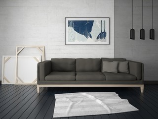 
Mock up poster of modern living room with practical comfortable sofa and hipster background.