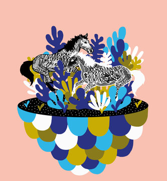 Black and white horses with plants