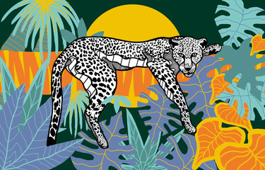 Leopard in rainforest with tropical leaves