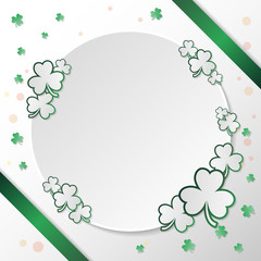 St. Patrick’s Day greeting card composition with green clover and white circle space to writing message in paper art style