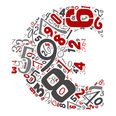 Vector conceptual red, gray and black playful funny education font made of number collection or group on character shapes isolated on white background. A modern art alphabet learning element design