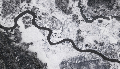 Aerial landscape of natural river in winter