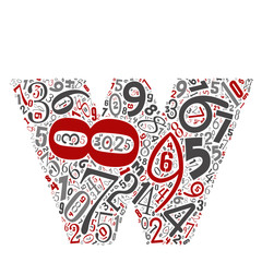 Vector conceptual red, gray and black playful funny education font made of number collection or group on character shapes isolated on white background. A modern art alphabet learning element design