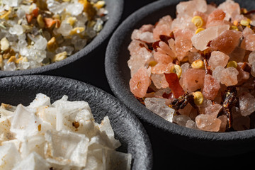 Macro collection, white and pink sea salt pyramide flakes mixed with spices