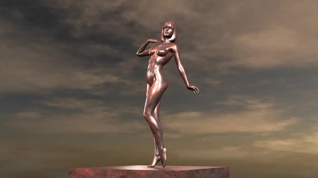 Rotazione di statua in metallo di nudo femminile in posizione eretta.