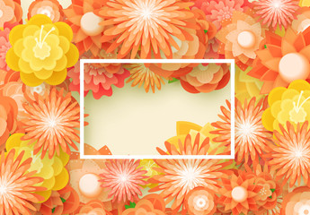 Flower colorful background. Orange buds bloom, floral pattern. Hand made text calligraphy in white frame. Banner, poster, vector illustration