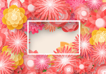 Flower colorful background. Pink buds bloom, floral pattern. Hand made text calligraphy in white frame. Banner, poster, vector illustration