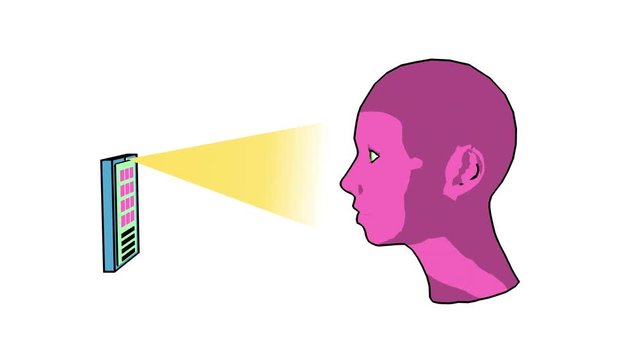 Face recognition , biometric verification scan ray from smart device. 3d animation Cartoon render style. Profile view. 