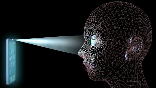 Face recognition , biometric verification and scanning. 3d animation.Wireframe face profile view
