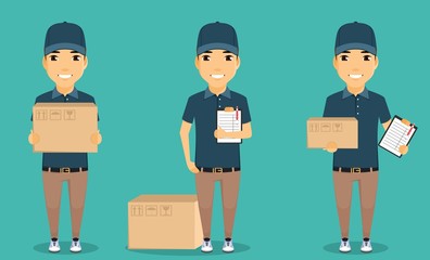 A young boy, the mailman. The concept of mail delivery. The smiling guy with the box and papers. The working uniform. In flat style. Cartoon.