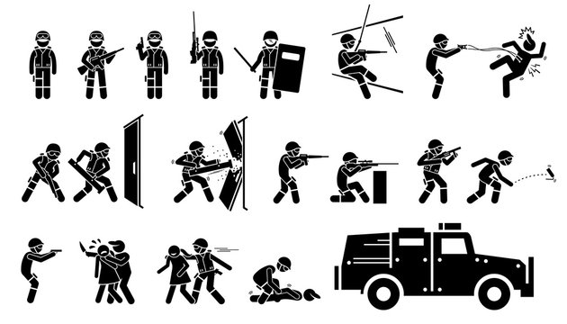 SWAT Special Weapons and Tactics Icons. Stickman pictogram set depicts SWAT police actions, poses with guns and weapons, breaking door, standoff, rescue hostage, fighting criminal, and a SWAT vehicle.