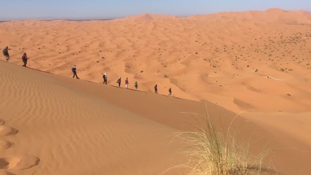 Voyageurs descendant une dune g&eacute;ante dans le Sahara marocain
