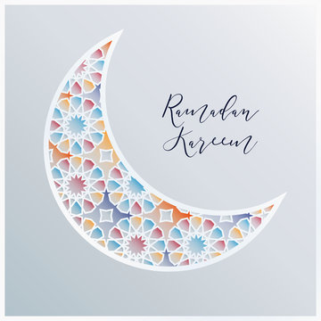 Ornamental Arabic half moon with decorative colorful tile pattern background. Vector illustration greeting card, invitation for Muslim community holy month Ramadan Kareem.