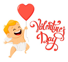 Valentines Day greeting card with cute cupid holding air balloon