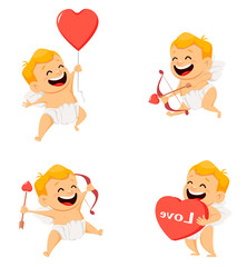 Fototapeta na wymiar Valentines Day greeting card with cute cupid. Set