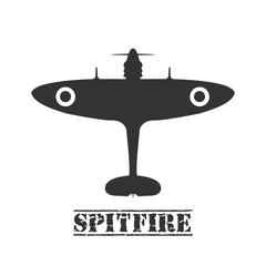 World War II airplane fly machine - Supermarine Spitfire aircraft vehicle silhouette icon isolated - obrazy, fototapety, plakaty