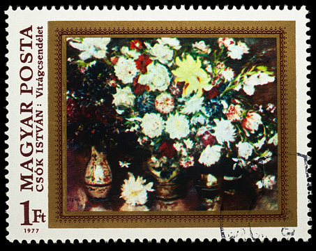 Flowers, by Istvan Csok on postage stamp