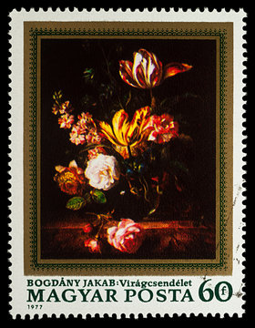 Flowers, by Jakab Bogdany on postage stamp