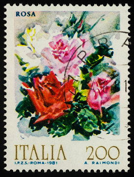 Bouquet of roses on postage stamp