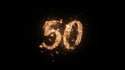 Letter 50 greeting text with particles and sparks isolated on black background, beautiful typography magic design.