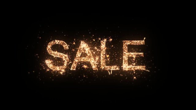 SALE greeting text with particles and sparks isolated on black background, beautiful typography magic design.