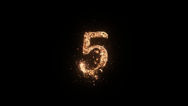 Letter 5 greeting text with particles and sparks isolated on black background, beautiful typography magic design.