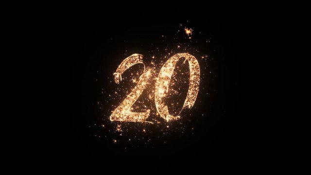 Letter 20 greeting text with particles and sparks isolated on black background, beautiful typography magic design.