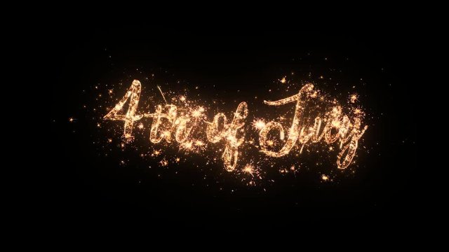 4th of July greeting text with particles and sparks isolated on black background, beautiful typography magic design.