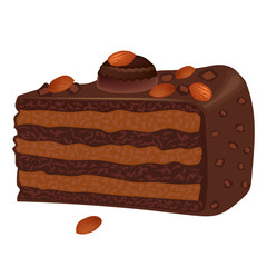 Chocolate cake with nuts isolated on white background. Dessert closeup. A piece of chocolate cake with almond nuts. Vector illustration.