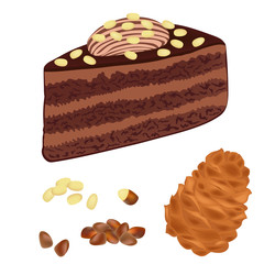 Chocolate cake with nuts isolated on white background. Dessert closeup. A piece of chocolate cake with almond nuts. Vector illustration.