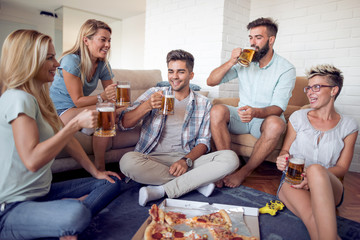 Group of friends eating pizza snack at home.
