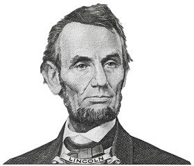 President Abraham Abe Lincoln face portrait on 5 dollar bill isolated, five usd, US money closeup - obrazy, fototapety, plakaty