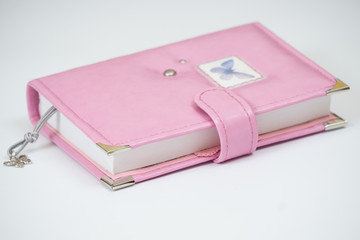 Handmade pink color  leather notebook, planner for business or education with cute decoration - butterfly