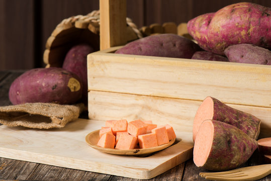 Preparation sweet potato slice for cooking, Purple raw potatoes for healthy eating and healthy lifestyle, Nutrient purple raw food and high antioxidant