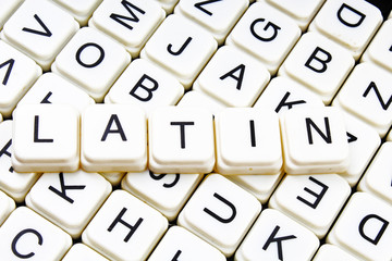 Latin text word crossword title caption label cover background. Alphabet letter toy blocks. White alphabetical letters.