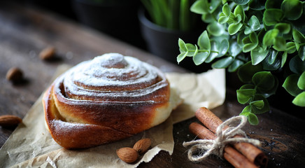 Pie with cinnamon and apples on a wooden table. Fresh pastry wit