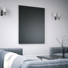 Living room interior with black blank picture frame. 3d rendering