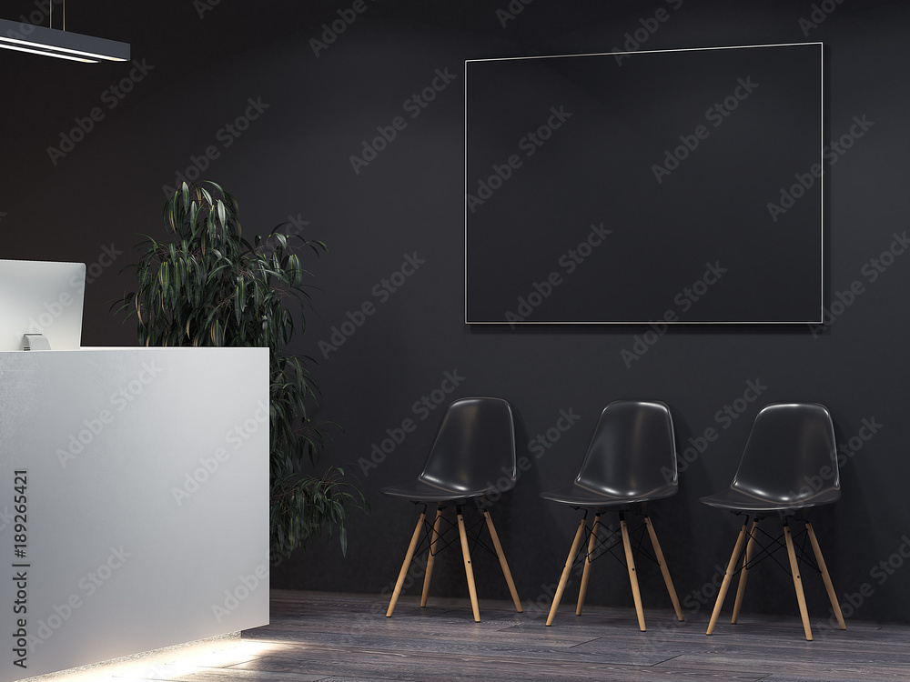 Poster clean dark interior with reception and row of chairs. 3d rendering