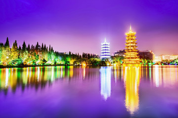 Riyue Shuangta Cultural Park (Sun and Moon Twin Pagodas Park). Located in downtown Guilin, Guangxi,...