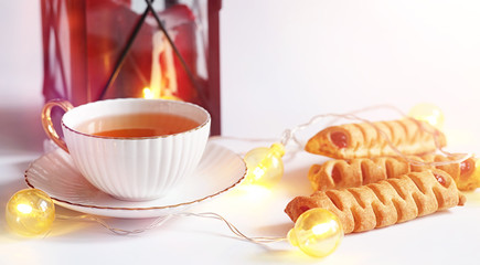 Tea with pastries for breakfast. Sweets and pastries with nuts f